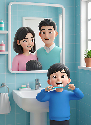 JPG 편집이미지 행복 어린이 가족 아침 함께함 건강 미소 부모 기쁨 거울 욕실 편안함 편집3D AI컴퓨터그래픽 AI콘텐츠 주간 감정 컨셉 관계 표정 사람 3D 감각 파일형식