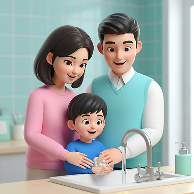 JPG 편집이미지 교육 아들 어린이 가정 가족 모션 표정 건강 부모 주방 청결 즐거움 비누 손씻기 편집3D AI컴퓨터그래픽 AI콘텐츠 감정 관계 사람 위생용품 3D 위생 씻기 파일형식