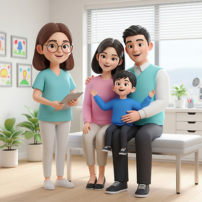 JPG 편집이미지 의학 가족 병원 웃음 치료 부모 의사 자녀 아기 상담 소아과 건강검진 편집3D AI컴퓨터그래픽 AI콘텐츠 관계 표정 사람 3D 의료진 검사_조사 파일형식