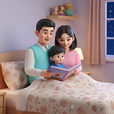 JPG 편집이미지 행복 아들 가족 실내 따뜻함 이야기 사랑 웃음 책 부모 침대 읽기 순간 편집3D AI컴퓨터그래픽 AI콘텐츠 감정 가구 관계 모션 표정 내부 3D 파일형식
