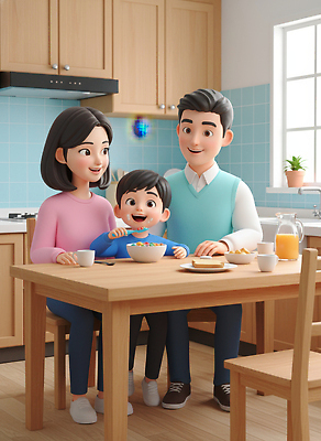 JPG 편집이미지 행복 어린이 가족 탁자 아침 웃음 부모 주방 식사 시리얼 모던 편집3D AI컴퓨터그래픽 AI콘텐츠 주간 감정 음식 가구 관계 표정 사람 3D 파일형식