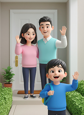 JPG 편집이미지 행복 어린이 가족 주택 따뜻함 미소 부모 인사 소통 손흔들기 웰컴 편집3D AI컴퓨터그래픽 AI콘텐츠 감정 컨셉 관계 모션 표정 사람 건물 3D 예절 파일형식