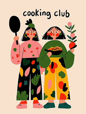 JPG 여자 컬러 채소 과일 일러스트 식재료 식탁 협력 요리 친구 주방 식사 모임 행운 즐거움 준비 뒤집개 레시피 창의력 맛있는 국내일러스트 AI일러스트 AI콘텐츠 감정 컨셉 관계 탁자 주방용품 사람 파일형식