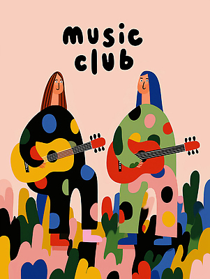 JPG 문화 예술 음악 컬러 연주 일러스트 노래 모션 미소 여러명 친구 공연 음악가 기타 시간 점 즐거움 클럽 소통 창의성 국내일러스트 AI일러스트 AI콘텐츠 직업 감정 다수 컨셉 관계 현악기 문화예술 표정 사람 이벤트 파일형식