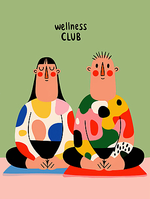 JPG 옷 행복 감정 문화 여유 컬러 일러스트 모션 휴식 사람 두명 친구 평화 마음 편안함 집중 명상 클럽 그림 스타일 국내일러스트 웰니스 AI일러스트 AI콘텐츠 컨셉 관계 감각 파일형식