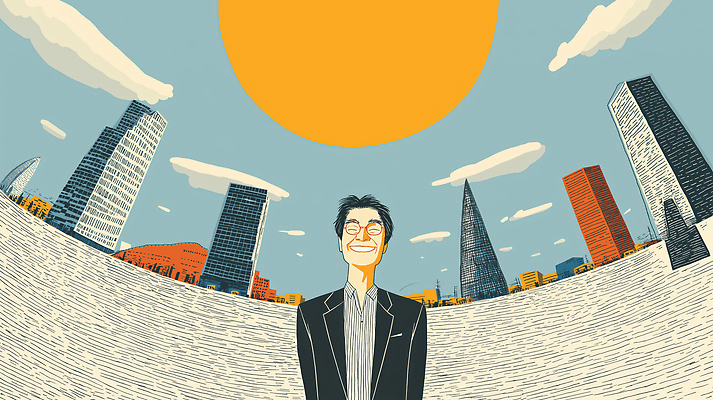 JPG 남자 행복 일러스트 비즈니스 자연 하늘 밝음 웃음 풍경 빌딩 건물 일상 세계 태양 활발 기쁨 도시 도심 지형 경관 국내일러스트 AI일러스트 AI콘텐츠 자연요소 건축물 감정 컨셉 표정 사람 라이프 생태계 파일형식