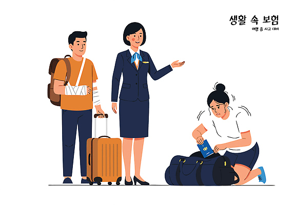 여자 남자 여행 생각 일러스트 여행가방 만남 짐 도움 공항 위험 직원 서비스 텔레마케팅 보험 다침 응급치료 지원 항공사 국내일러스트 AI파일 산업 컨셉 가방 교통시설 사람 치료 서비스업 파일형식 벡터