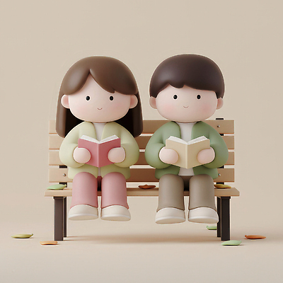 JPG 편집이미지 캐릭터 커플 공원 여자 남자 어린이 잎 벤치 휴식 따뜻함 사랑 취미 책 독서 편안함 오브젝트 색감 편집3D 식물 공공시설 감정 컨셉 의자 관계 사람 3D 감각 파일형식