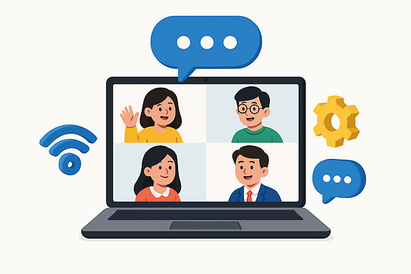 일러스트 비즈니스 회의 협력 기술 대화 사람 컴퓨터 네트워크 동료 온라인 소통 응답 의사소통 인터페이스 화상통화 사용자 국내일러스트 AI파일 컨셉 관계 말하기 전자제품 통화 파일형식 벡터