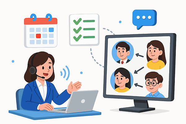 여자 일러스트 비즈니스 회의 아이디어 대화 컴퓨터 스크린 달력 직장인 전문직 고객 통화 온라인 소통 소프트웨어 체크리스트 국내일러스트 AI파일 직업 컨셉 모션 말하기 사람 전자제품 파일형식 벡터