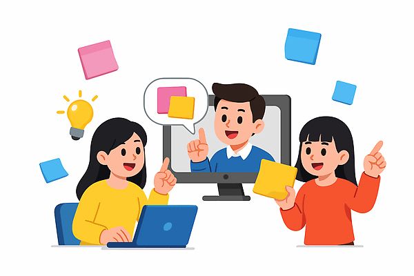 교육 컬러 생각 일러스트 비즈니스 회의 협력 아이디어 직장 실험 대화 여러명 컴퓨터 공책 발표 온라인 소통 창의성 브레인스토밍 상호작용 국내일러스트 AI파일 다수 컨셉 회사 문구용품 말하기 사람 전자제품 파일형식 벡터