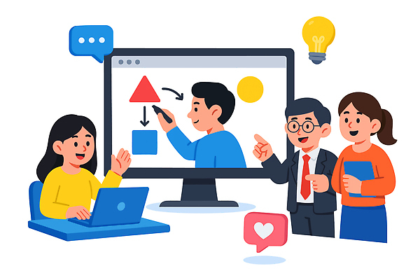 도형 디자인 교육 상징 일러스트 회의 협력 아이디어 기술 대화 설명 여러명 스크린 교수 작업 발표 그림 온라인 소통 브레인스토밍 국내일러스트 AI파일 다수 컨셉 비즈니스 모션 말하기 사람 교사 파일형식 벡터