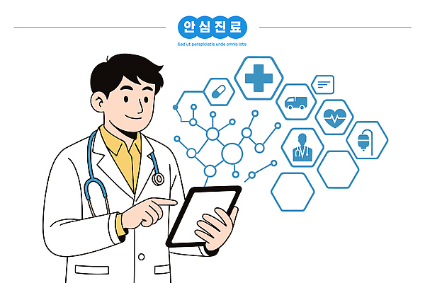 일러스트 통신 의학 기술 건강 실험 치료 태블릿 건강관리 진료 환자 의사 정보 분석 혁명 국내일러스트 AI파일 컨셉 관리 전자제품 스마트기기 의료진 파일형식 벡터