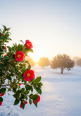 JPG 나무 식물 편집이미지 겨울 자연 아침 풍경 야외 빨간색 햇빛 평화 동백 동백나무 뷰티풀 색감 편집실사 AI포토 AI콘텐츠 주간 계절 꽃 컬러 컨셉 태양 CG 생태계 파일형식