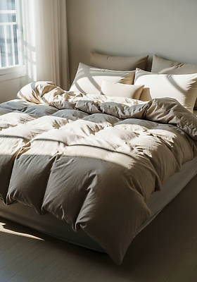 JPG 편집이미지 벽 쿠션 아침 주택 실내 빛 인테리어 햇빛 공간 침실 이불 방 침대 커튼 편안함 베이지색 편집실사 AI포토 AI콘텐츠 주간 디자인 컬러 가구 침구 내부 건물 태양 감각 CG 파일형식