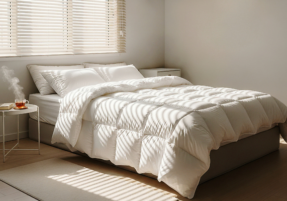 JPG 편집이미지 침구 탁자 아침 내부 햇빛 공간 침실 이불 침대 수면 분위기 편안함 조용 편집실사 AI포토 AI콘텐츠 주간 가구 컨셉 물 태양 감각 CG 파일형식