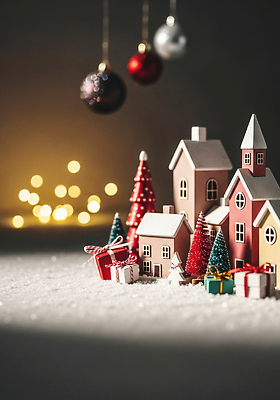 JPG 나무 편집이미지 크리스마스 겨울 조명 주택 따뜻함 선물 장식 빨간색 초록색 마을 축제 편안함 편집실사 AI컴퓨터그래픽 AI콘텐츠 식물 계절 기념일 컬러 건물 감각 CG 파일형식