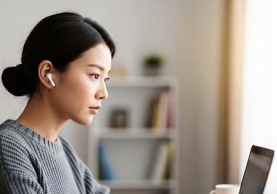 JPG 편집이미지 여자 이어폰 일상 노트북 컴퓨터 사무실 공간 작업 편안함 집중 모던 재택근무 열중 의료성형뷰티 집콕 편집실사 음향기기 컨셉 비즈니스 사람 라이프 전자제품 감각 CG 신조어 파일형식 앳홈라이프