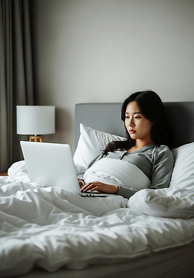 JPG 편집이미지 여자 휴식 조명 기술 실내 생활 노트북 이불 방 침대 작업 편안함 집중 재택근무 의료성형뷰티 집콕 편집실사 가구 컨셉 비즈니스 침구 사람 내부 전자제품 감각 CG 신조어 파일형식 앳홈라이프