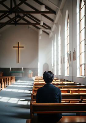 JPG 편집이미지 종교 벤치 조명 사람 교회 믿음 고요 공간 기도 신도 예배 의료성형뷰티 편집실사 AI인물포토 AI콘텐츠 감정 의자 종교건축 건물 CG 파일형식 AI포토
