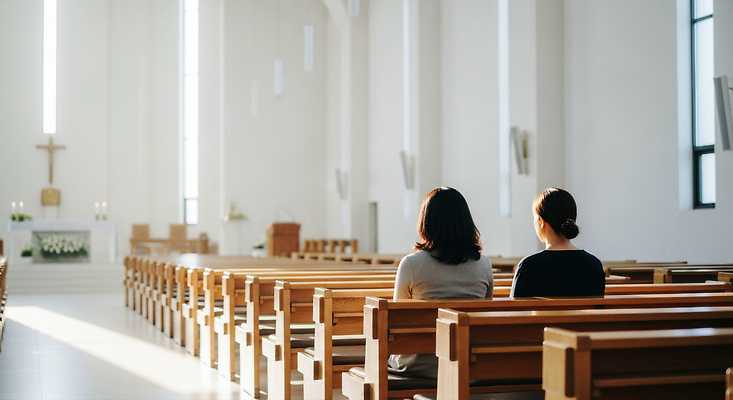 JPG 편집이미지 종교 두명 성당 교회 평화 공간 흰색 기도 모던 예배 조용 나란히 의료성형뷰티 편집실사 AI인물포토 AI콘텐츠 컬러 컨셉 종교건축 사람 건물 CG 파일형식 AI포토