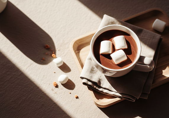 JPG 편집이미지 아침 휴식 디저트 쟁반 햇빛 촬영 분위기 편안함 설탕 부드러움 코코아 마시멜로우 따뜻한음료 편집실사 AI포토 AI콘텐츠 주간 음료 음식 컨셉 태양 감각 CG 파일형식