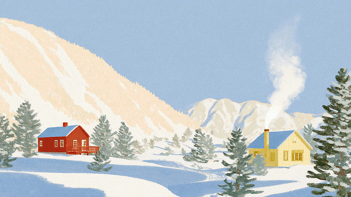 JPG 나무 겨울 일러스트 자연 하늘 날씨 산 주택 따뜻함 풍경 생활 평화 마을 연기 차가움 숲 편안함 조용 기온 국내일러스트 AI일러스트 AI콘텐츠 식물 계절 컨셉 건물 감각 생태계 파일형식