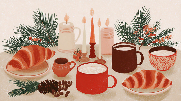 JPG 커피 음료 크리스마스 겨울 일러스트 촛불 가족 아침 디저트 따뜻함 장식 식사 빵집 소나무 분위기 상차림 크루아상 코코아 연말 홈카페 국내일러스트 AI일러스트 AI콘텐츠 주간 나무 계절 기념일 음식 빵 컨셉 초 관계 상점 카페 파일형식
