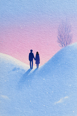 JPG 커플 행복 감정 예술 분홍색 겨울 일러스트 자연 하늘 산 따뜻함 사랑 풍경 평화 저녁 소중 언덕 장면 국내일러스트 AI일러스트 AI콘텐츠 계절 컬러 컨셉 관계 야간 생태계 파일형식