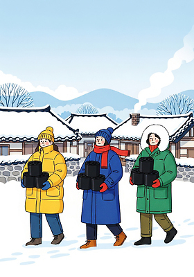 JPG 행복 장갑 겨울 일러스트 산 풍경 세명 친구 평화 마을 외투 봉사 물통 연탄 보온 전통집 국내일러스트 AI일러스트 AI콘텐츠 잡화 계절 감정 컨셉 상의 관계 주택 사람 도움 파일형식