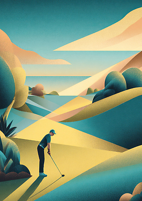 JPG 나무 남자 스포츠 바다 골프 일러스트 자연 하늘 휴식 풍경 잔디 연습 언덕 그림 페어웨이 풍경화 지오메트릭 국내일러스트 AI일러스트 AI콘텐츠 식물 컨셉 사람 구기 생태계 파일형식