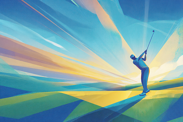 JPG 예술 스포츠 골프 일러스트 모션 자연 필드 하늘 운동선수 미술 풍경 여름 파란색 운동 햇빛 일출 스윙 조화 진행 지오메트릭 국내일러스트 AI일러스트 AI콘텐츠 계절 컬러 포즈 문화예술 건강 태양 구기 노을 생태계 파일형식