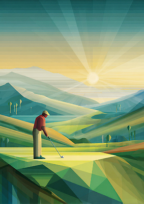 JPG 남자 여유 스포츠 골프 일러스트 자연 아침 산 풍경 야외 초록색 운동 햇빛 평화 일출 스윙 조화 색감 지오메트릭 국내일러스트 AI일러스트 AI콘텐츠 주간 감정 컬러 포즈 컨셉 건강 사람 태양 구기 노을 생태계 파일형식