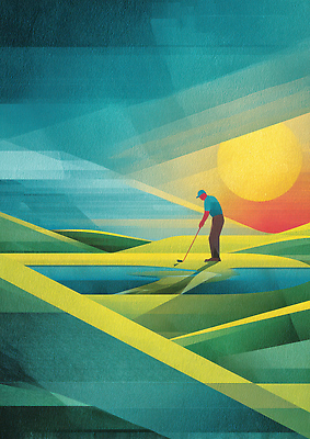 JPG 남자 스포츠 컬러 골프 일러스트 자연 하늘 골프클럽 풍경 야외 파란색 노란색 저녁 준비 그림 장면 조화 타격 지오메트릭 국내일러스트 AI일러스트 AI콘텐츠 모션 사람 구기 야간 생태계 파일형식