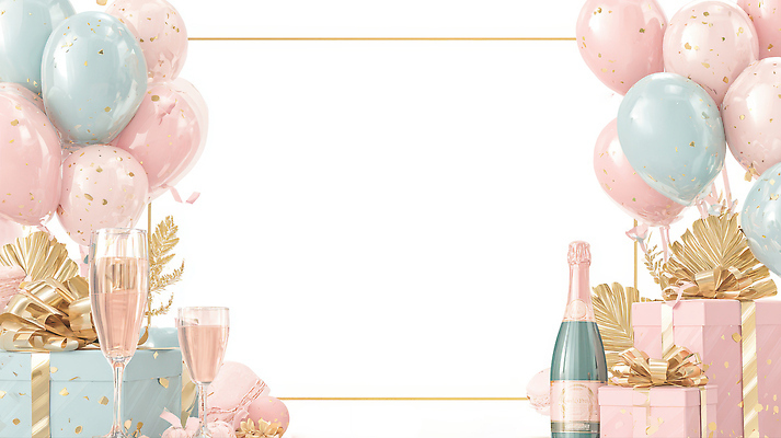 JPG 기념일 행복 분홍색 일러스트 탁자 잔 프레임 선물 이벤트 장식 파란색 친구 파티 축제 공간 금색 축하 생일파티 생일 분위기 샴페인 풍선 특별함 국내일러스트 AI일러스트 AI콘텐츠 식기 감정 컬러 가구 컨셉 관계 주류 파일형식