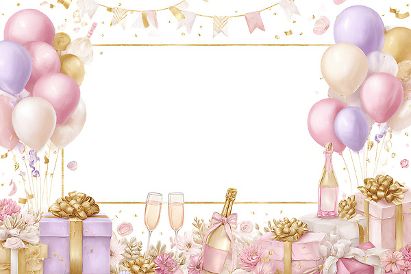 JPG 꽃 분홍색 컬러 일러스트 프레임 선물 장식 상자 파티 보라색 축제 기쁨 금색 축하 생일파티 생일 분위기 샴페인 소중 풍선 테마 특별함 국내일러스트 AI일러스트 AI콘텐츠 식물 기념일 감정 컨셉 주류 이벤트 파일형식