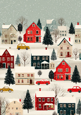 JPG 나무 도로 겨울 일러스트 자동차 거리 주택 풍경 빨간색 노란색 마을 정원 검은색 고요 산책로 회색 눈송이 휴일 국내일러스트 AI일러스트 AI콘텐츠 식물 계절 길 육상교통 컬러 교통시설 눈_날씨 건물 파일형식