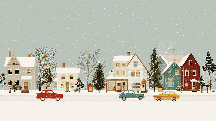 JPG 나무 디자인 여유 예술 컬러 겨울 일러스트 자동차 거리 주택 따뜻함 풍경 평화 마을 소리 고요 도시 차가움 풍경화 국내일러스트 AI일러스트 AI콘텐츠 식물 계절 감정 육상교통 컨셉 건물 그림 파일형식