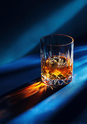 JPG 편집이미지 디자인 음료 컬러 조명 잔 빛 반사 얼음 분위기 고급 위스키 편집실사 AI포토 AI콘텐츠 자연요소 식기 컨셉 주류 CG 파일형식