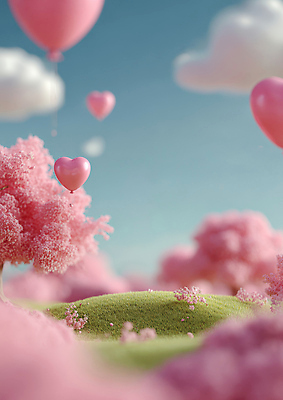 JPG 나무 편집이미지 분홍색 자연 하늘 밝음 사랑 풍경 여름 벚꽃 하트 분위기 풍선 몽환 이미지편집 AI컴퓨터그래픽 AI콘텐츠 모양 식물 계절 꽃 감정 컬러 컨셉 생태계 파일형식