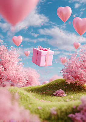 JPG 편집이미지 꽃 분홍색 자연 하늘 선물 사랑 풍경 공중 축제 봄 하트 생일 언덕 풍선 환상 이미지편집 AI컴퓨터그래픽 AI콘텐츠 모양 식물 계절 기념일 감정 컬러 컨셉 생태계 파일형식