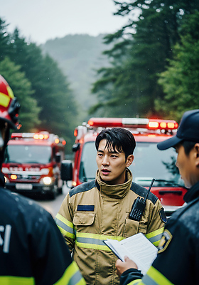 JPG 편집이미지 자연 협력 안전 장비 구출 숲 토론 소방관 사건 화재 지휘 긴급상황 소방대 의료성형뷰티 편집실사 AI인물포토 AI콘텐츠 긴급 도움 구조원 소방 CG 생태계 파일형식 AI포토