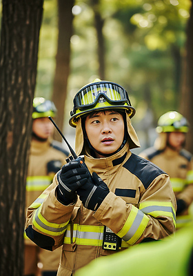 JPG 편집이미지 자연 협력 안전 긴급 대기 구출 숲 소방관 연습 무전 의료성형뷰티 편집실사 AI인물포토 AI콘텐츠 통신 도움 구조원 소방 CG 생태계 파일형식 AI포토