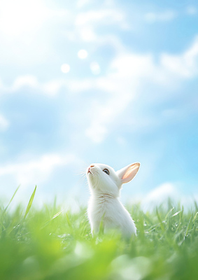 JPG 식물 동물 편집이미지 여유 자연 하늘 생명 잔디 초원 일상 파란색 햇빛 평화 토끼 편집실사 AI컴퓨터그래픽 AI콘텐츠 감정 컬러 컨셉 포유류 라이프 반려동물 태양 CG 생태계 파일형식