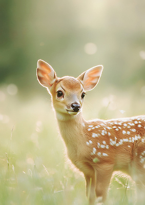 JPG 동물 편집이미지 자연 풍경 초원 초록색 여름 햇빛 숲 방목 호기심 조용 아기사슴 편집실사 AI컴퓨터그래픽 AI콘텐츠 계절 감정 새끼 컬러 컨셉 사슴 태양 축산업 CG 생태계 파일형식