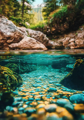 JPG 식물 편집이미지 자연 산 풍경 맑음 돌_바위 개울 수면 숲 생태계 조용 산골 편집실사 AI포토 AI콘텐츠 날씨 물 강 CG 파일형식