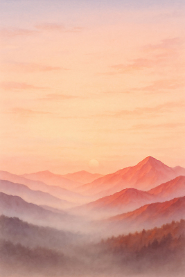 JPG 일러스트 자연 산 풍경 평화 고요 황혼 일몰 안개 저녁 그림 힐링 산봉우리 뷰티풀 국내일러스트 AI일러스트 AI콘텐츠 컨셉 날씨 노을 야간 생태계 봉우리 파일형식