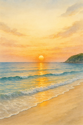 JPG 모래 파도 바다 여행 일러스트 자연 하늘 바람 풍경 해변 햇빛 평화 노을 고요 일몰 저녁 감성 뷰티풀 수평선 국내일러스트 AI일러스트 AI콘텐츠 자연요소 컨셉 날씨 태양 야간 생태계 파일형식