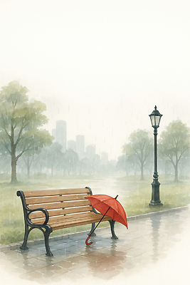 JPG 나무 공원 가로등 일러스트 우산 자연 날씨 휴식 풍경 야외 건물 도시풍경 고요 도시 그늘 빨간우산 국내일러스트 AI일러스트 AI콘텐츠 식물 건축물 공공시설 컨셉 생태계 파일형식