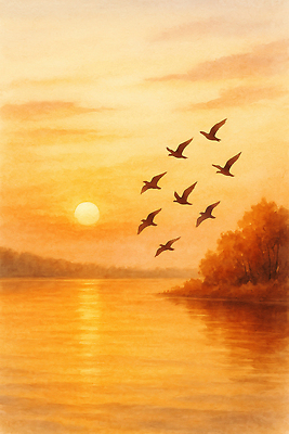 JPG 나무 여유 일러스트 자연 하늘 풍경 여름 빛 강 평화 일몰 비행 출산 숲 조화 국내일러스트 AI일러스트 AI콘텐츠 식물 계절 감정 컨셉 노을 생태계 파일형식